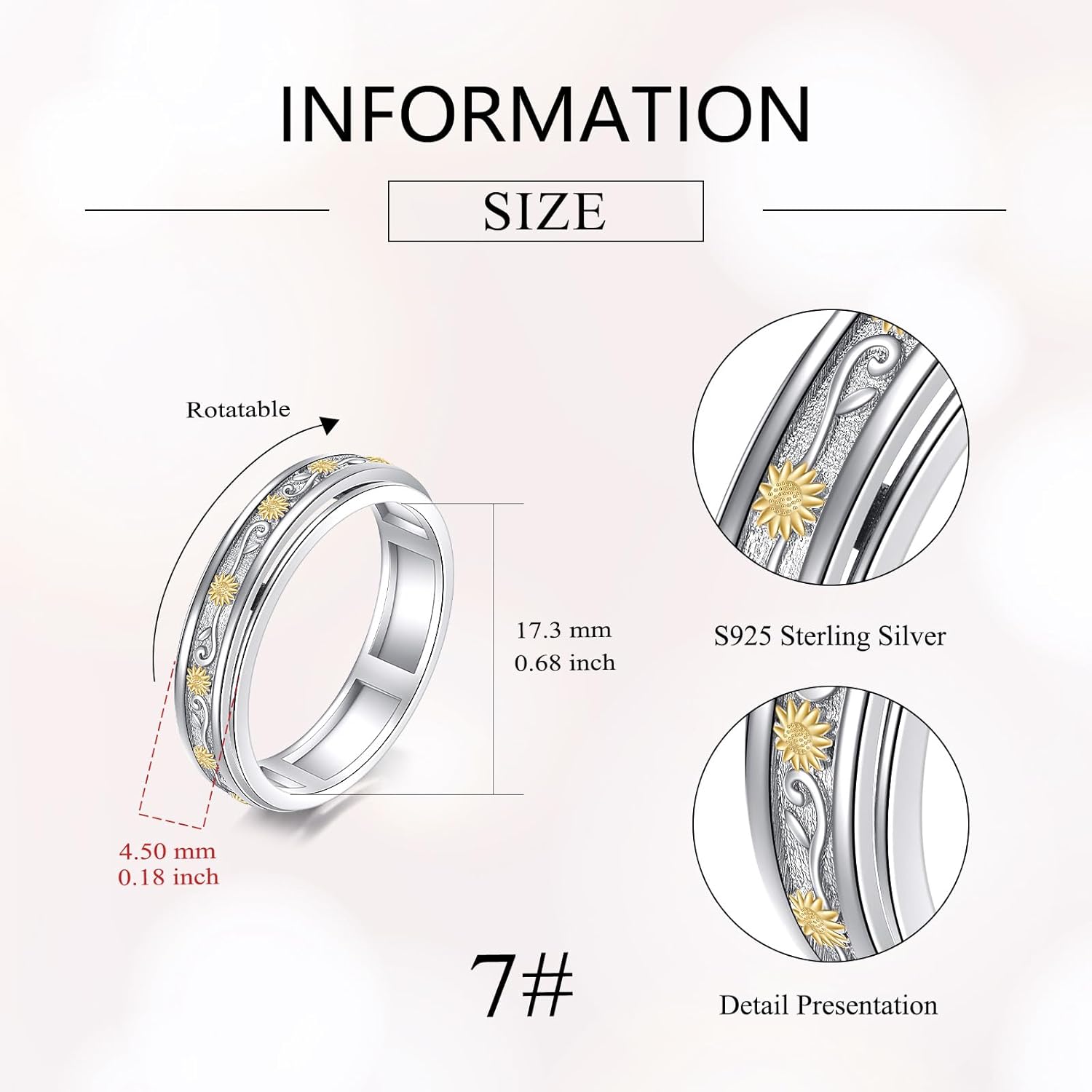 925 Sterling Silver Spinner Fidget Ring for Anxiety Stress Relieving Boredom ADHD Jewelry Birthday Gifts for Women Men