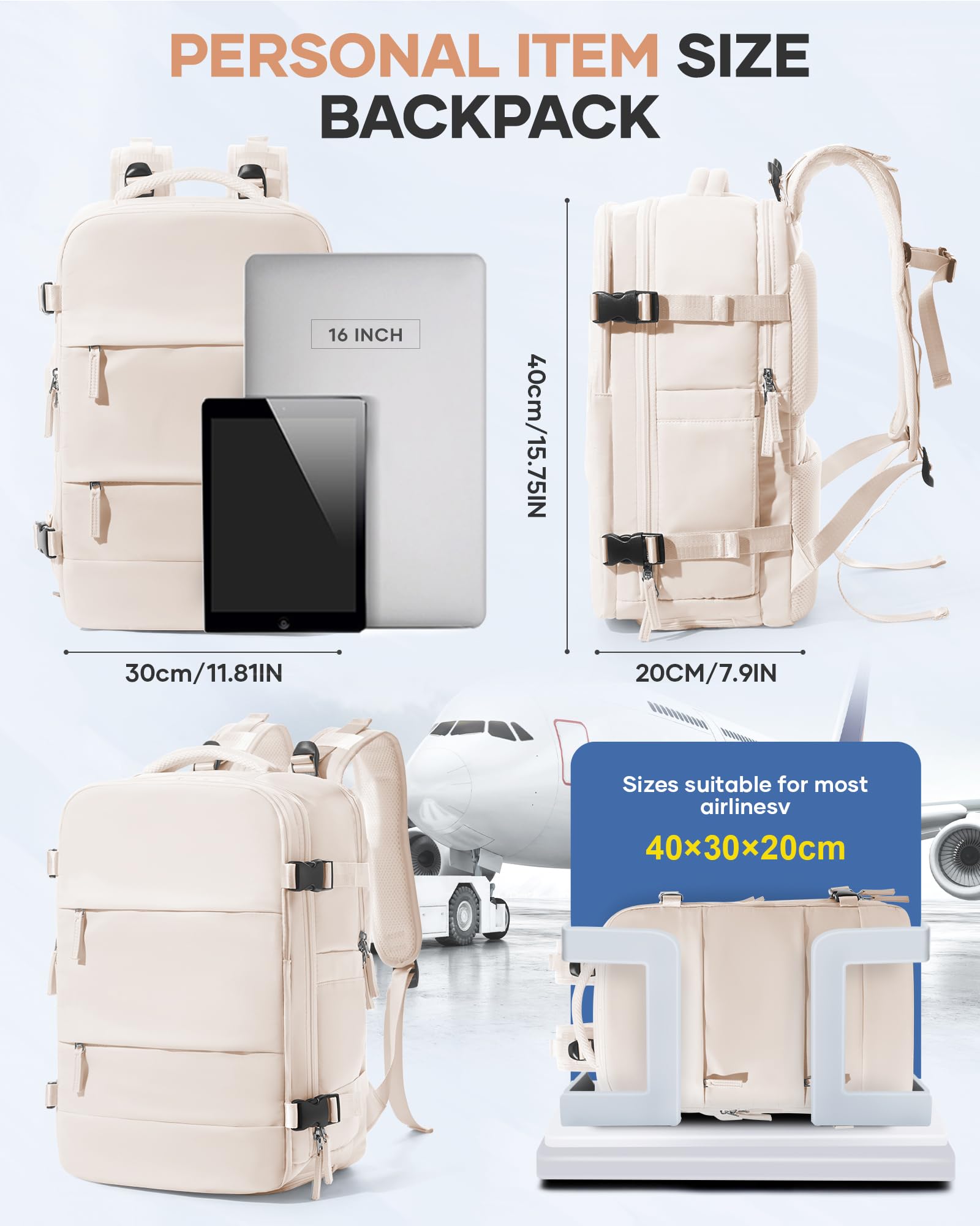 BJLFS Borse da Cabina per Ryanair 40x30x20 Zaino Wizzair Sottovuoto da viaggio 40x20x25 Bagaglio a Mano con compressione sottovuoto,Zaino Easyjet 45x36x20,Zaini Casual per laptop da 14 pollici