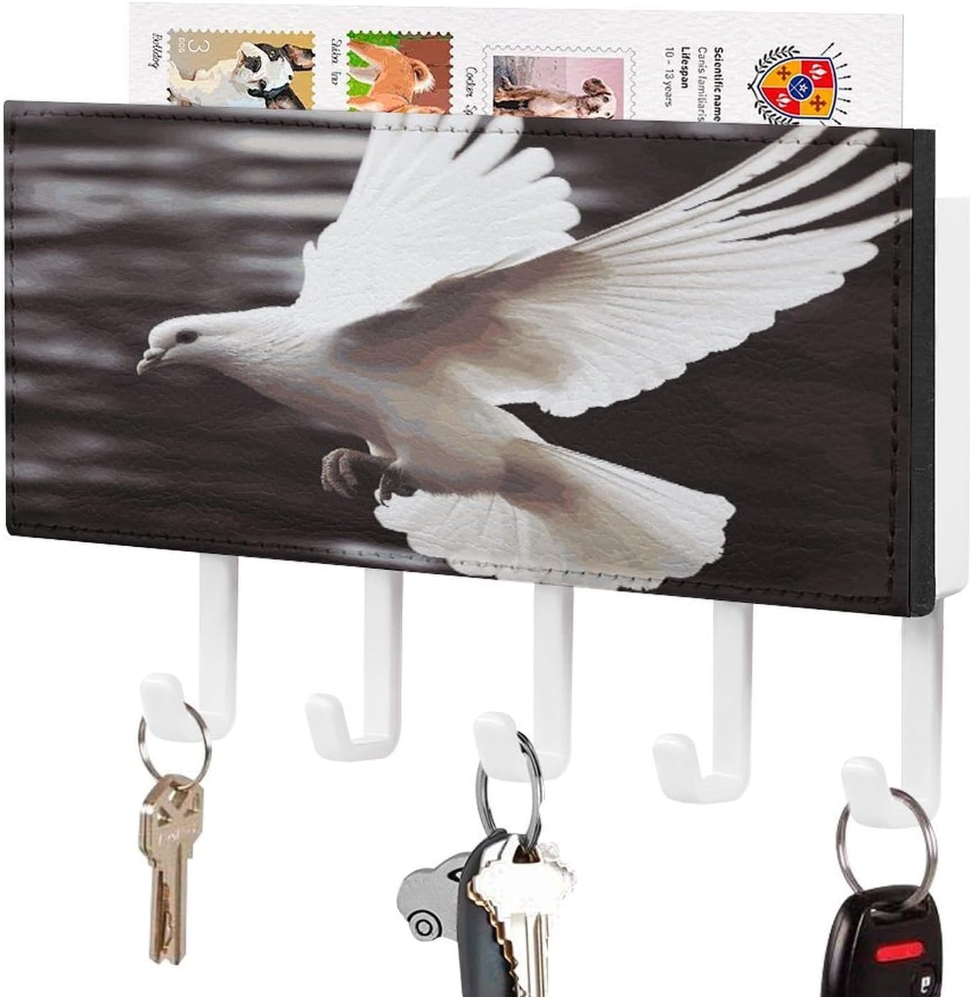 PU Leather Key Holder Wall Mount Key Organizer, Decorative Adhesive Key Rack with 5 Key Hooks, Fashion Flying Dove Key Hanger Decor for Entryway Door Bathroom Kitchen Hallway