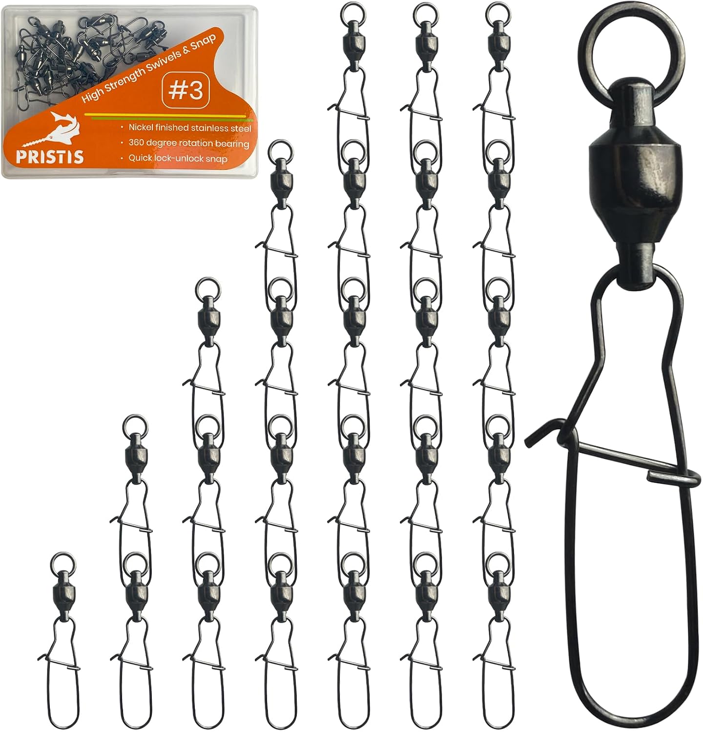 Pristis 25 Pack High Strength Fishing Snap & Swivels, Ball Bearing | Coastlock Snap, Saltwater Corrosion Resistant Connector, Freshwater Heavy Duty Black Nickel Finish Tackle Kit for Bass