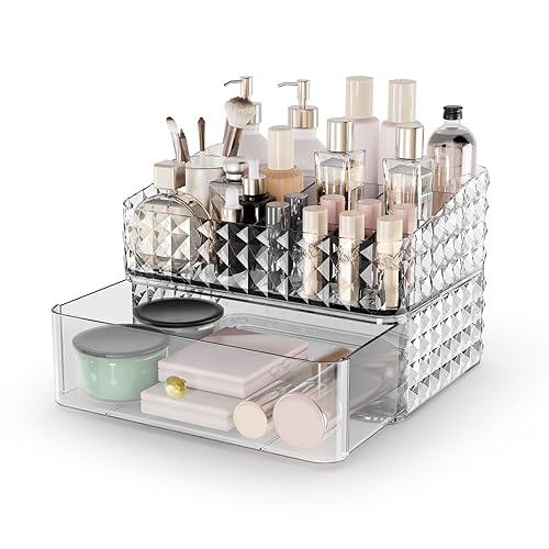 Organizador de maquillaje para tocador, organizador apilable de cosméticos y almacenamiento, vitrinas de cosméticos con 1 cajón y 1 bandeja para