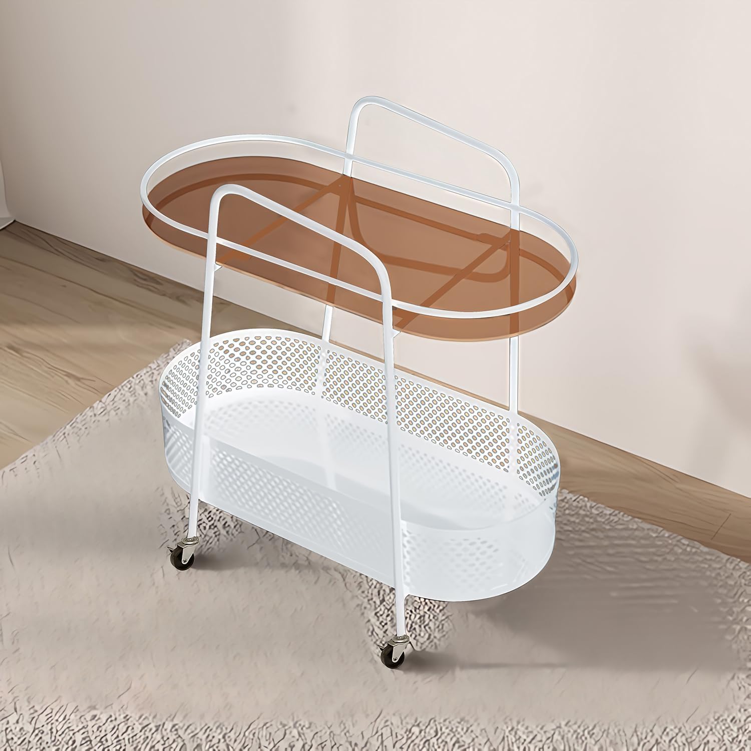 2-Tier Bar Carts with Storage Basket, Modern Rolling Storage Shelves with Wheels and Glass Holder, Metal Round Mobile Bar Serving Cart for Home, Bistro, Kitchen, Living Room, Dining Room (White)