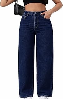 High Waist Wide Leg Jeans for Women | Dark Blue Straight Fit Baggy Denim Pants | Trendy Korean Style Loose Fit Casual Stre... Price In India