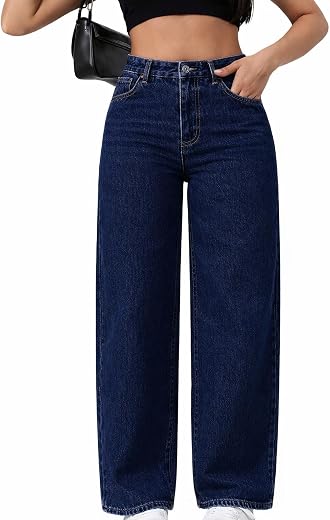 High Waist Wide Leg Jeans for Women | Dark Blue Straight Fit Baggy Denim Pants | Trendy Korean Style Loose Fit Casual Stre...