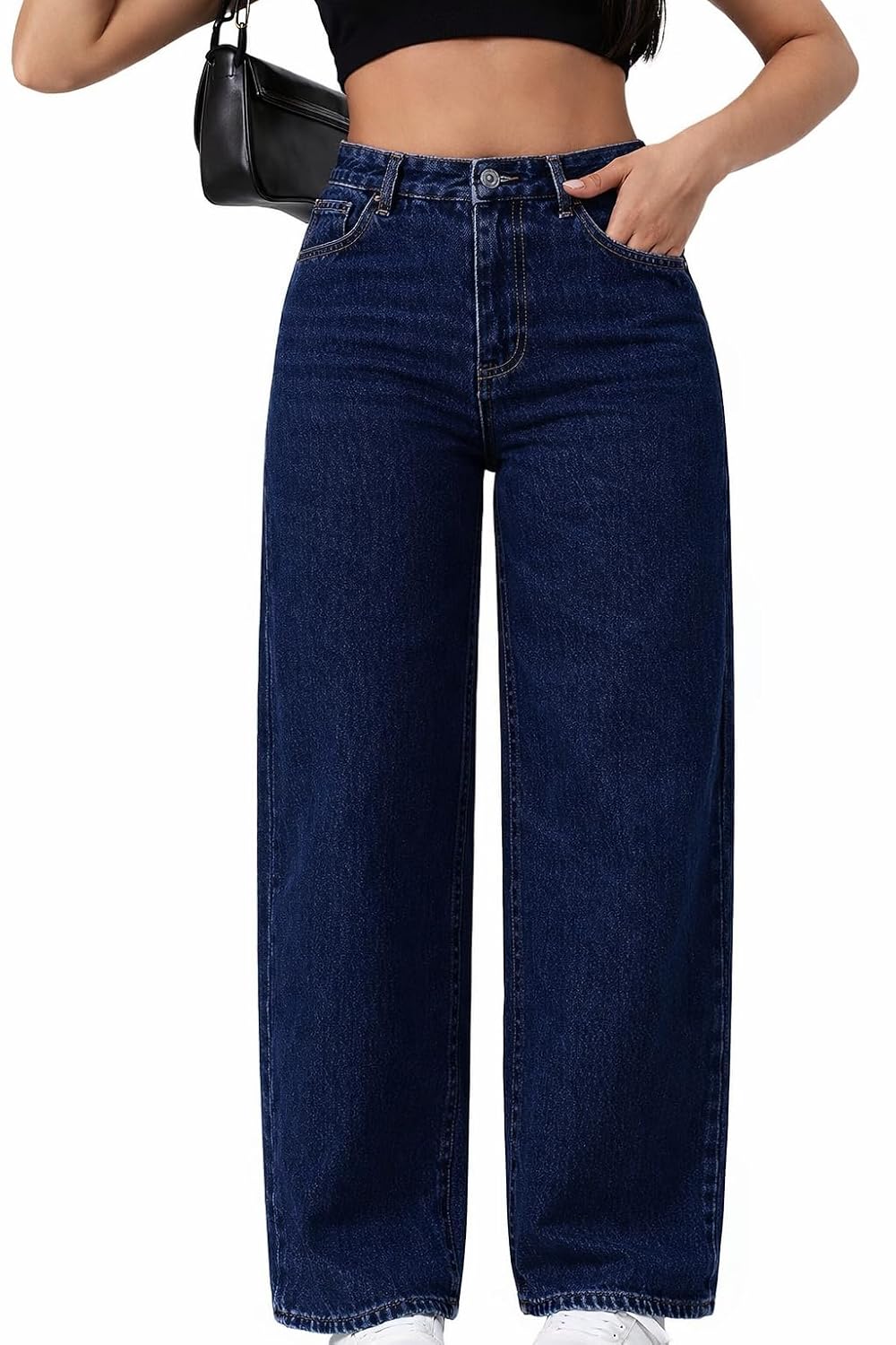 High Waist Wide Leg Jeans for Women | Dark Blue Straight Fit Baggy Denim Pants | Trendy Korean Style Loose Fit Casual Stre...