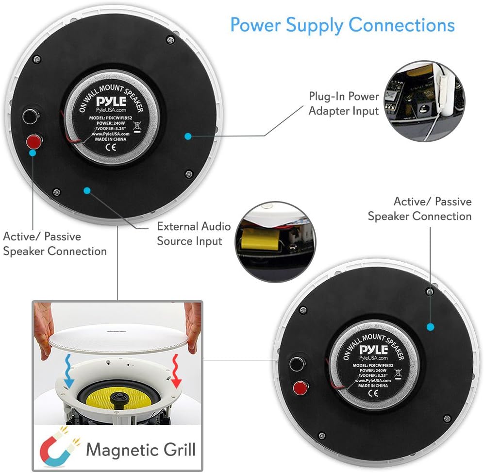 Wifi Bluetooth Ceiling Mount Speakers - 5.25” In-Wall/In-Ceiling Dual Active & Passive Speaker System (2) Flush Mount w/ Powerful 240 Watts Remote Control & MUZO Player Compatible - Pyle PDICWIFIB52