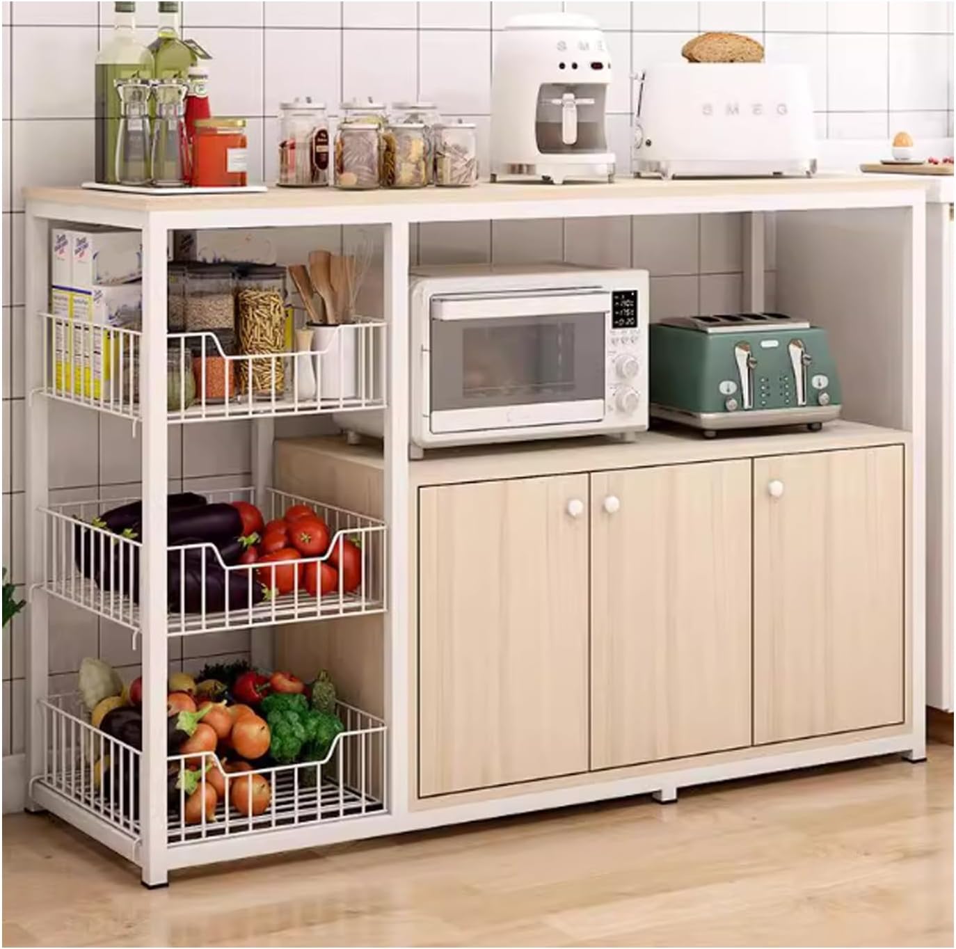 Kitchen Counter Shelves,Multi-Tier Microwave Stand with Fruit and Vegetable Basket,Large Capacity Organizer,Standing Storage Shelf Units(Brown,39.4x31.5x11.8in)