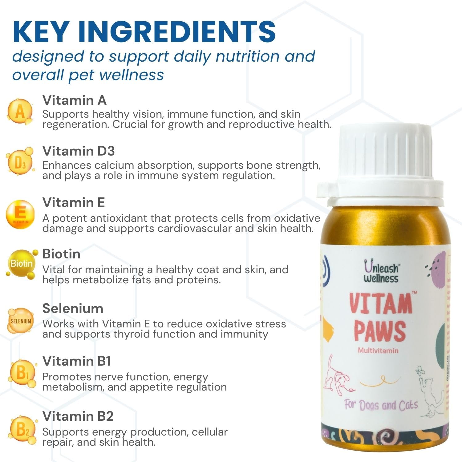 Unleash Wellness® VITAM Paws® 200 ML, Multivitamin for Dogs and Cats with Minerals & Omega, Supports Skin, Heart, Brain Health & Immunity Growth, Daily Supplement Suitable for All Breeds & Sizes 2