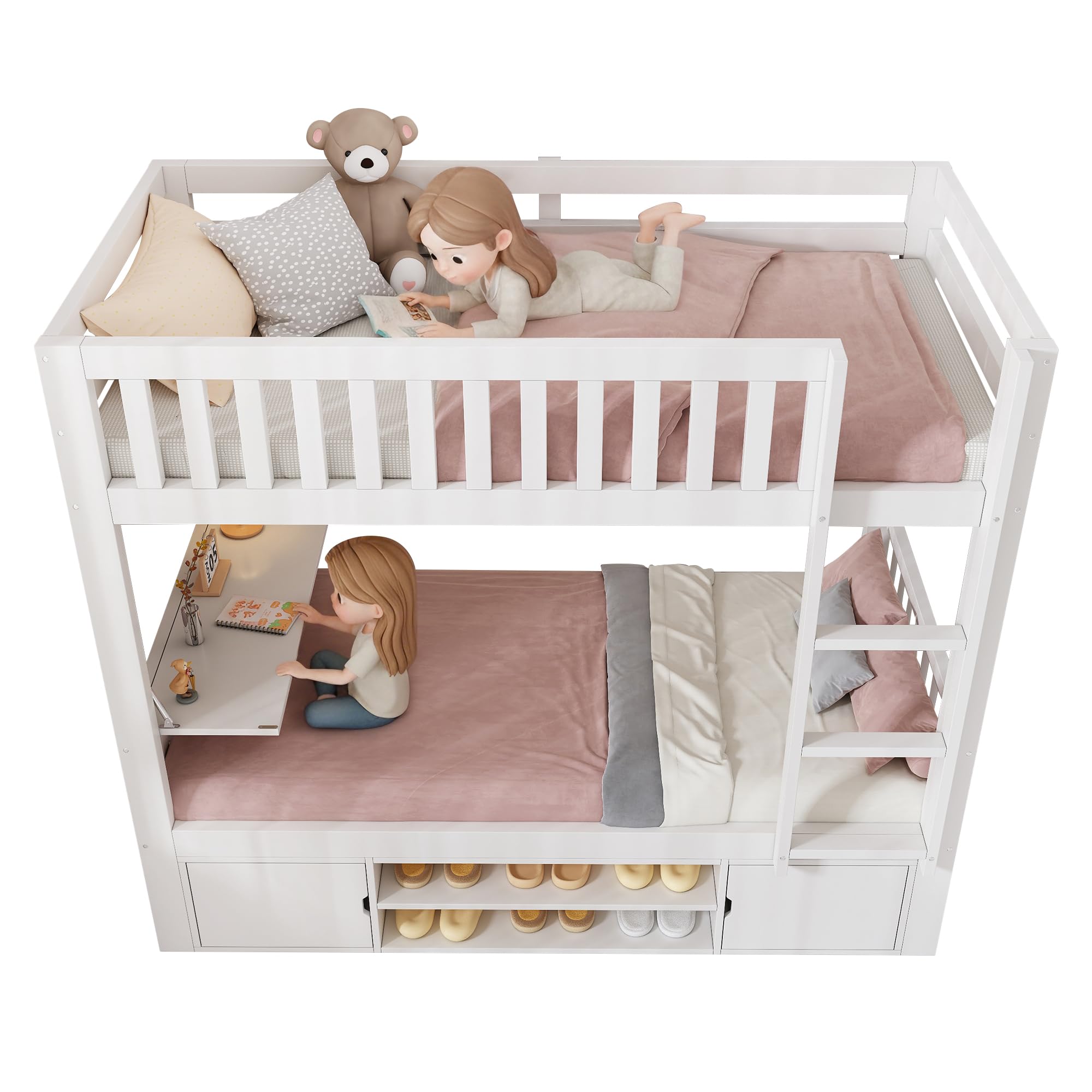 SUKY Cama alta para niños, 90 × 200 cm, color blanco, con tablero plegable y zapatero integrado, somier, solución todo en uno, certificado EN 747, sin colchón