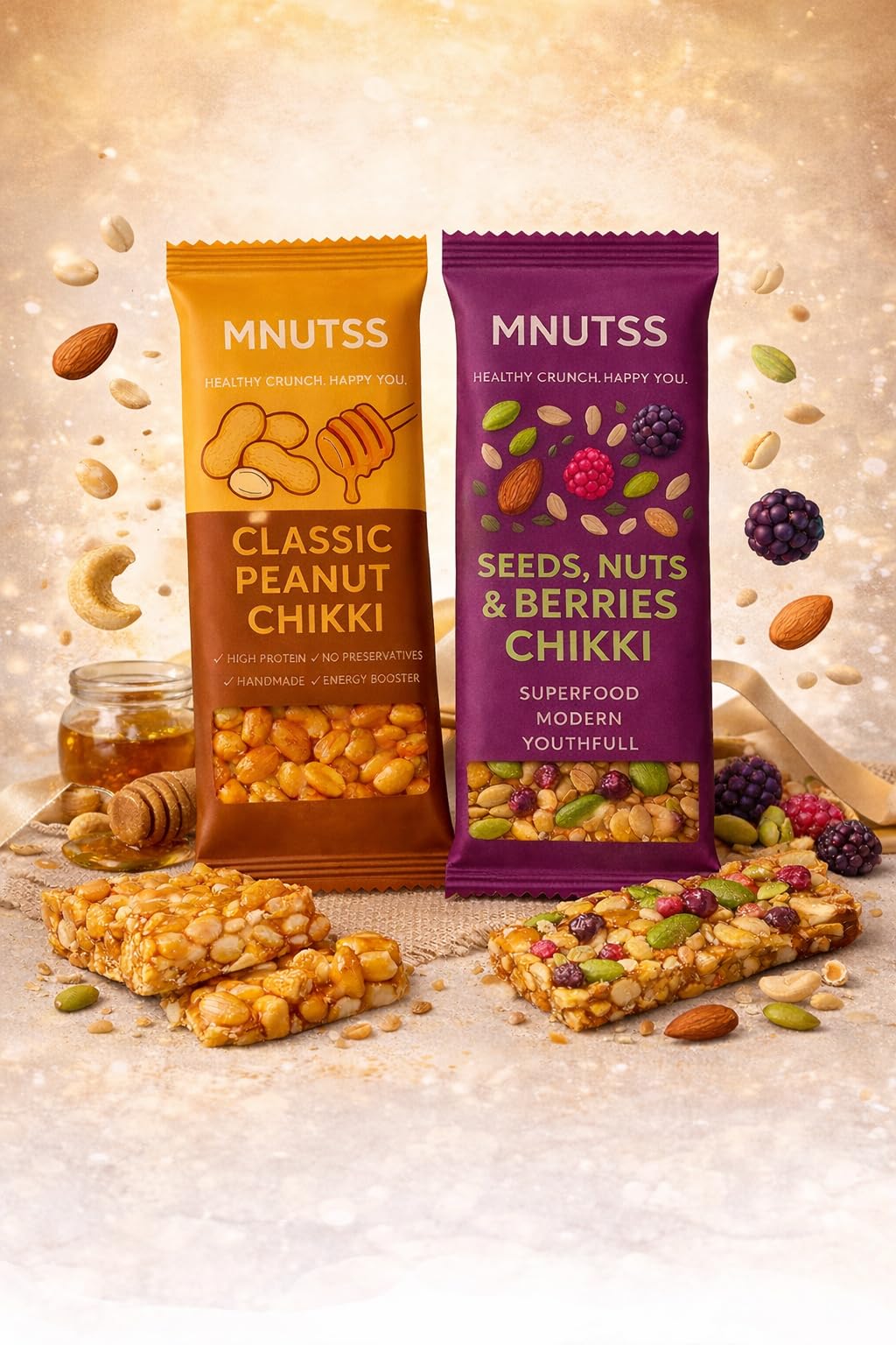 M NUTSS Chikki Combo Pack 270gm | Healthy Crunch.Happy You (Pack Of 6, Classic Peanut+Seeds Nuts & Berries)