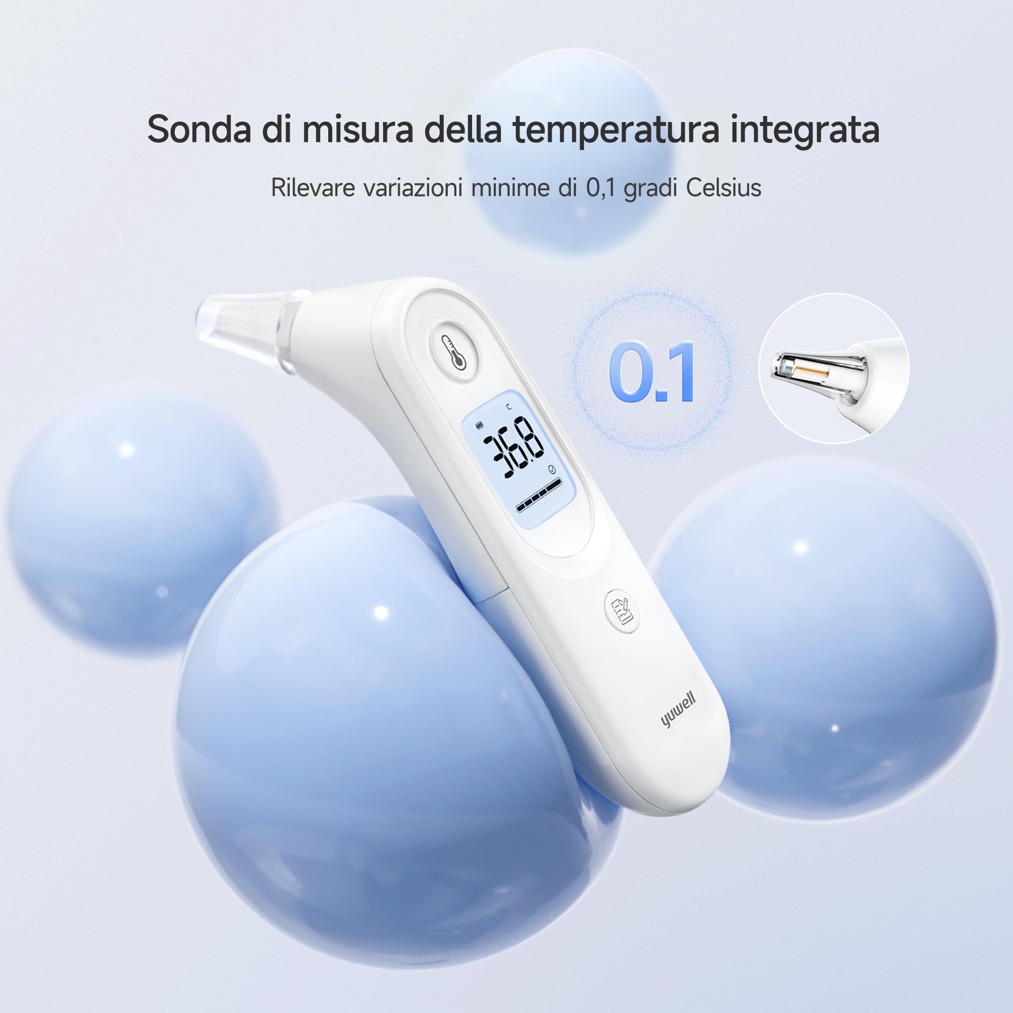 yuwell Termometro Digitale Adulti e Bambini | Termometro Auricolare a Uso Medico, Adatto per Neonati e Bambini | Misurazione in Secondi, Avviso di Temperatura Elevata, Display Ampio, 7 Memorie YHT101