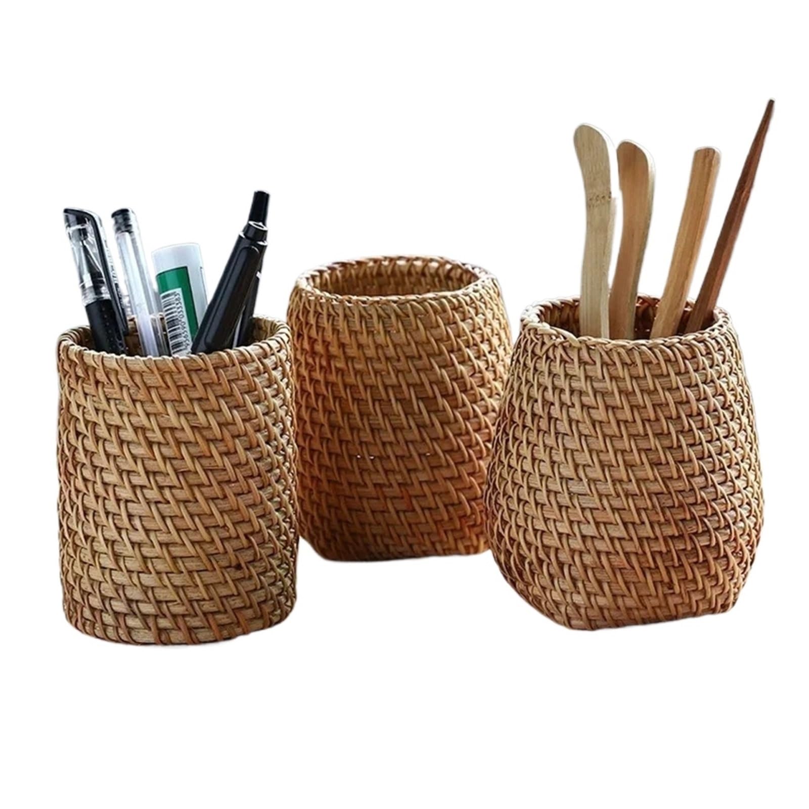 ZNJAMN 1set 3pcs Handmade Rattan Storage Bucket, Stationery, Makeup Pen Holder, Chopsticks, Shovels, Spoons, Household Basket for pens