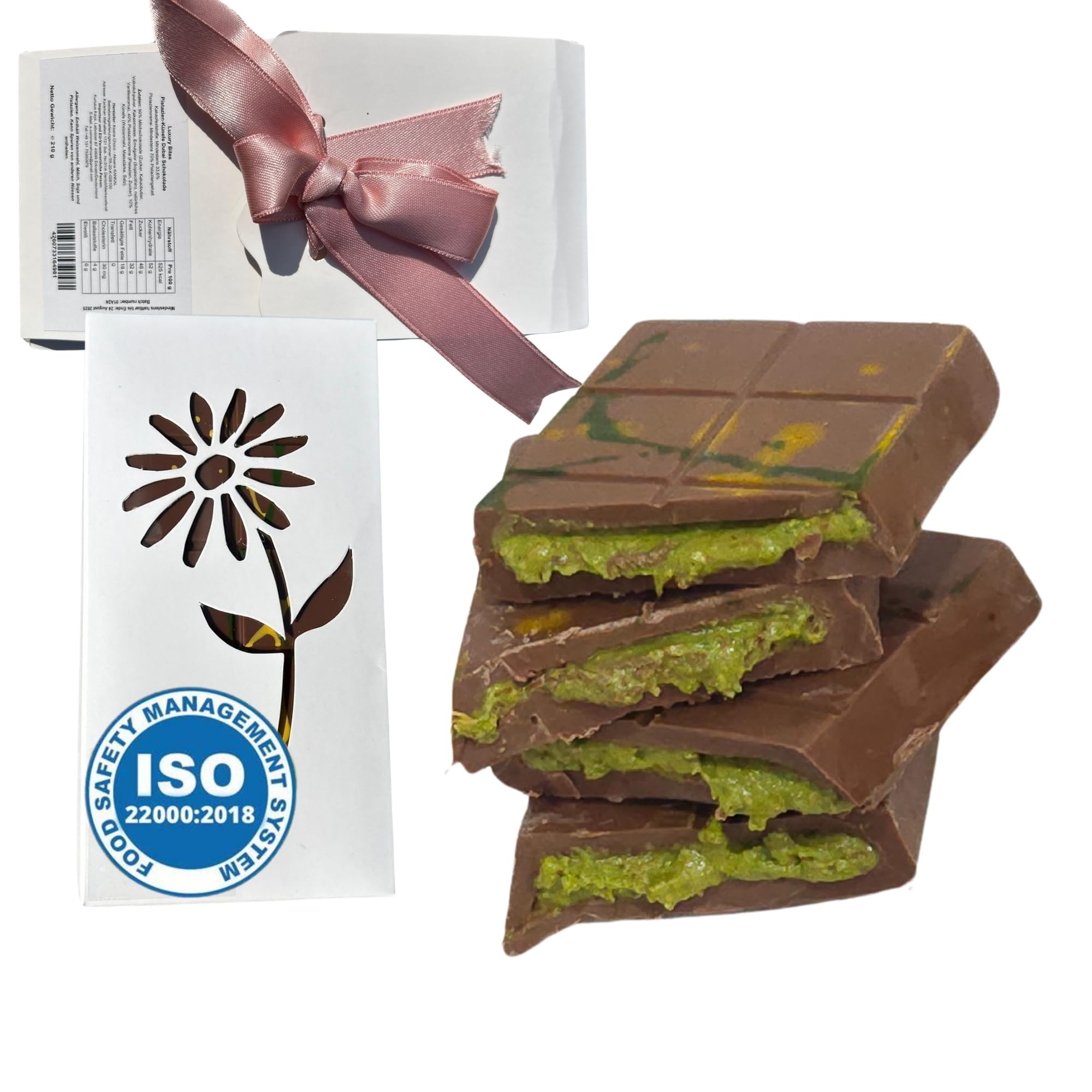Dubajska czekolada z pistacjami, ręcznie wykonana z belgijskiej czekolady, kunafy i pistacji, 210 g