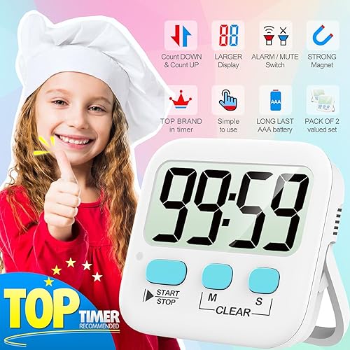 Miniatura 9 de Antonki Paquete de 2 temporizadores digitales para niños, temporizadores de cocina magnéticos de cuenta regresiva para cocinar, huevos, aula,