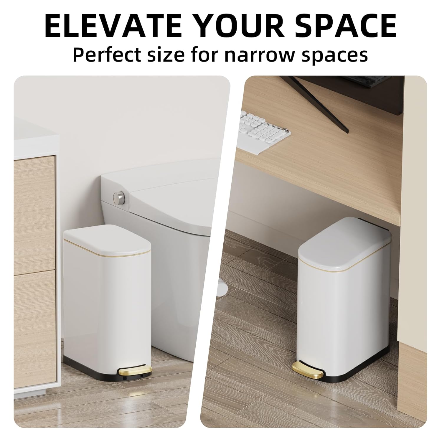 2.6 Gal Stainless Steel Trash Can with Soft Close Stay Open Lid, Small Rectangular 10L Waste bin for Narrow Space, Waterproof, Odor Protection, White