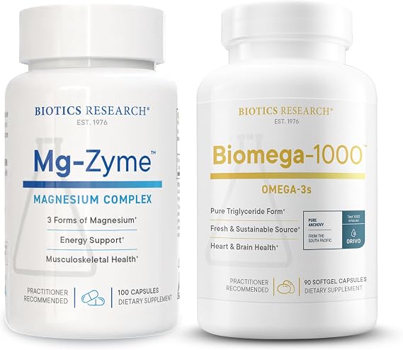 Biotics Research Mg-Zyme Triple Magnesium Complex for Sleep, Relaxation & Bone Health + Biomega-1000 Omega-3 Fish Oil for Heart, Brain & Immune Support 100 Capsules & 90 Softgels