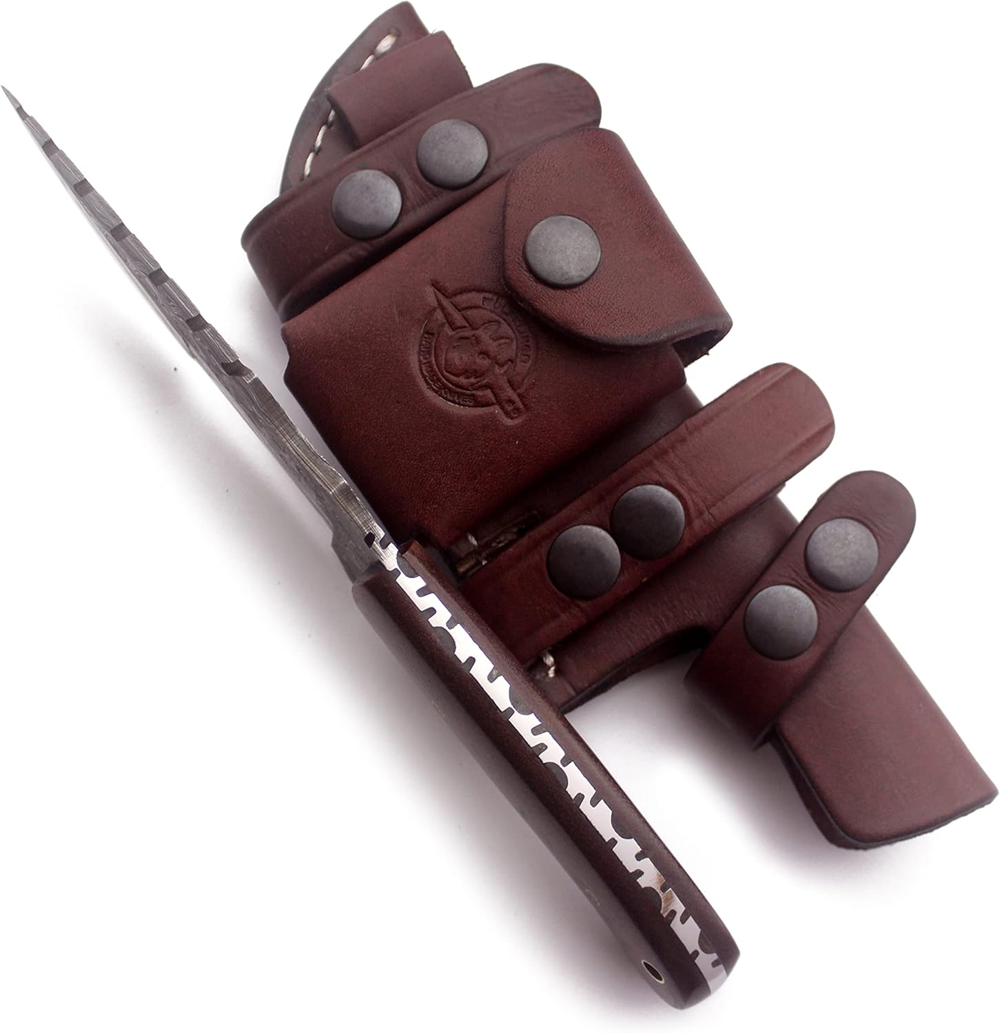 Handmade Damascus Steel Tracker Knives EDC for Hunting, Bushcraft, Camping and Tracker Knife with Fixed Blade with G10 Handel Cowhide-Leather Sheath&Sharpening Stone (SAW BACK-38 BROWN)