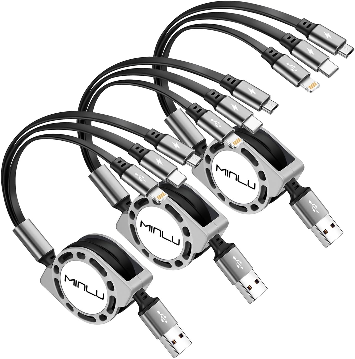 Retractable Charging Cable 3A, 3Pack 4Ft Multi Charging Cable Multi Fast Charger Cable 3 in 1 Multi USB Cable with IP/Type C/Micro USB Port for Cell Phones/Tablets/Samsung Galaxy/LG/Huawei/PS & More