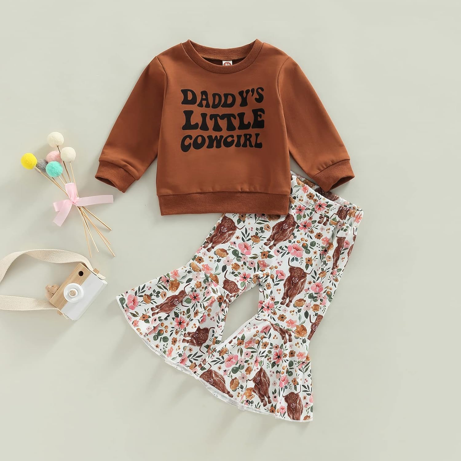 Karuedoo Toddler Baby Girl Western Outfit Letter Print Crewneck Sweatshirt Top Cow Flared Pants Set 2PCS Fall Winter Outfits - Image 2