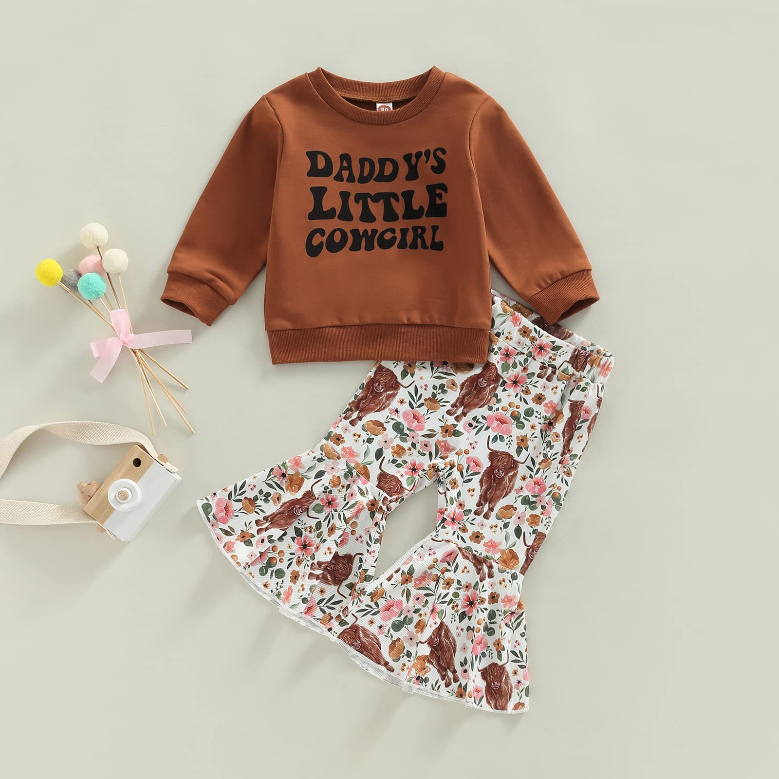 Karuedoo Toddler Baby Girl Western Outfit Letter Print Crewneck Sweatshirt Top Cow Flared Pants Set 2PCS Fall Winter Outfits(Cowgirl, 3-4 Years)