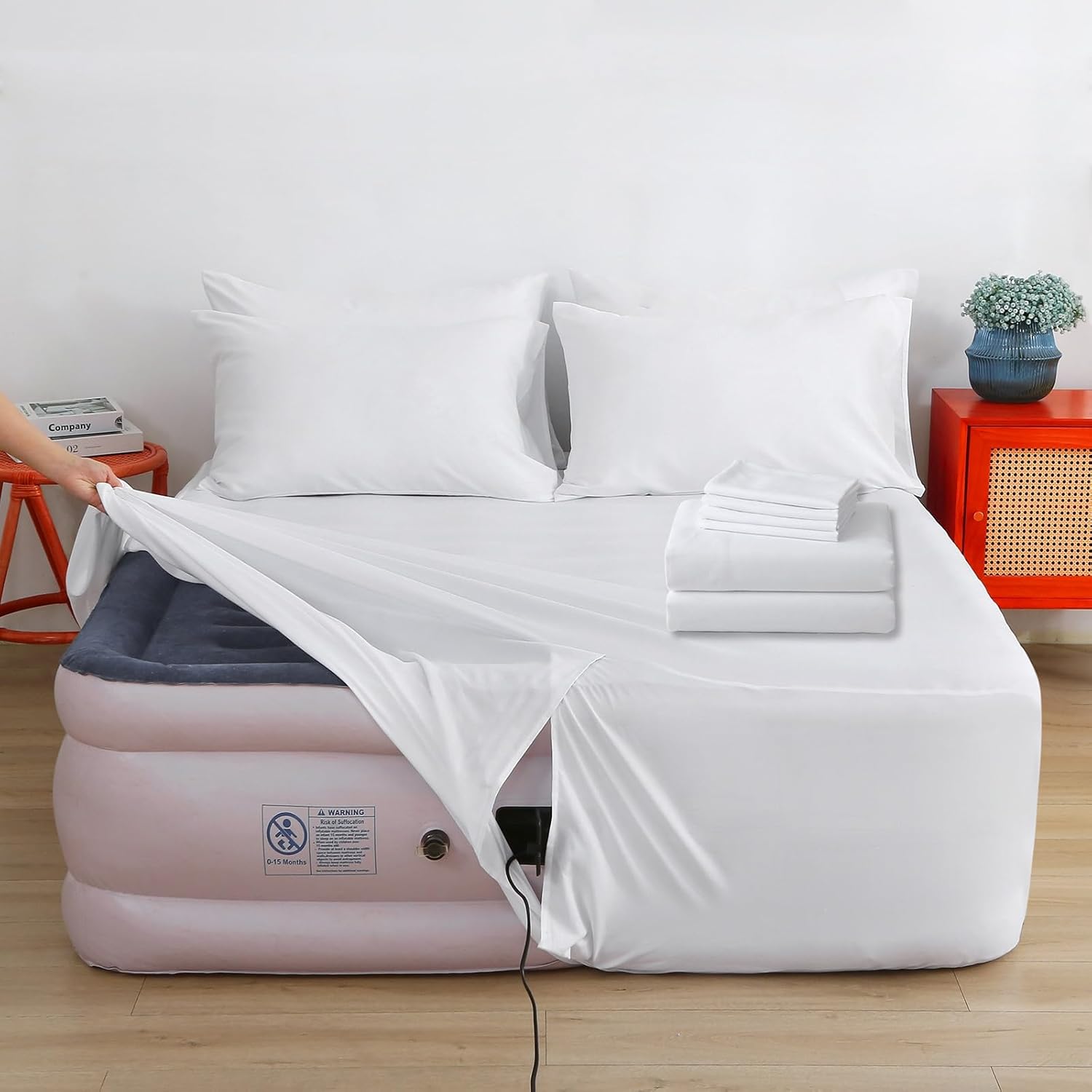 Air Mattress Sheet Set Queen Size,6 Piece Deep Pocket Bed Sheet Set for 16-24 Inch Air Bed,Easy Inflate Access,Perfect for Guest Room, RV, Camping,Gray