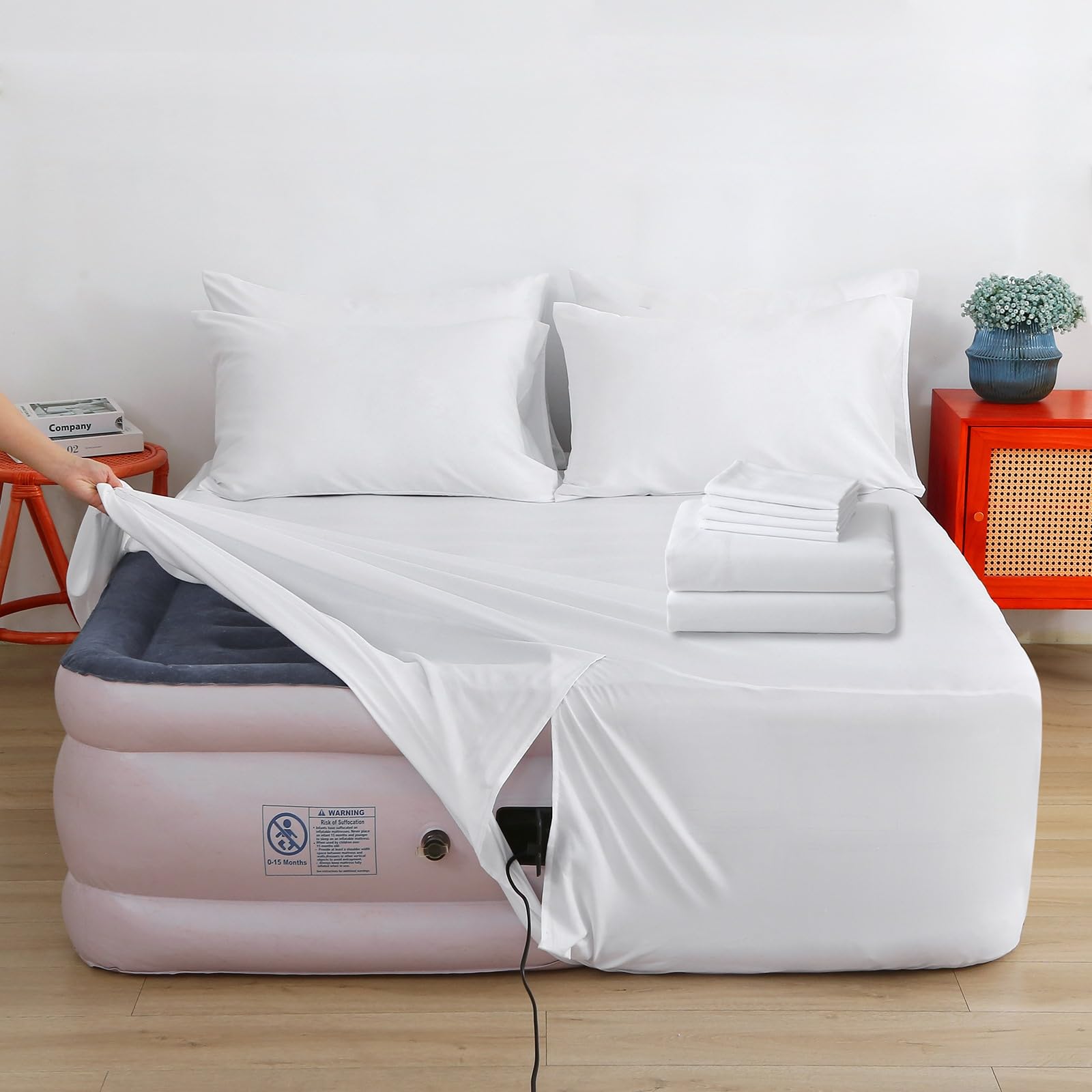 Bedecor Air Mattress Sheet Set with Inflate Opening Queen White