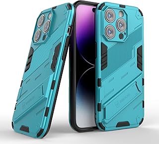 جراب موبايل بانك 2 في 1 مضاد للصدمات مصنوع من البولي كربونات والبولي يوريثين الحراري مع حامل مخفي لموبايل أيفون 15 برو (أزرق سماوي)