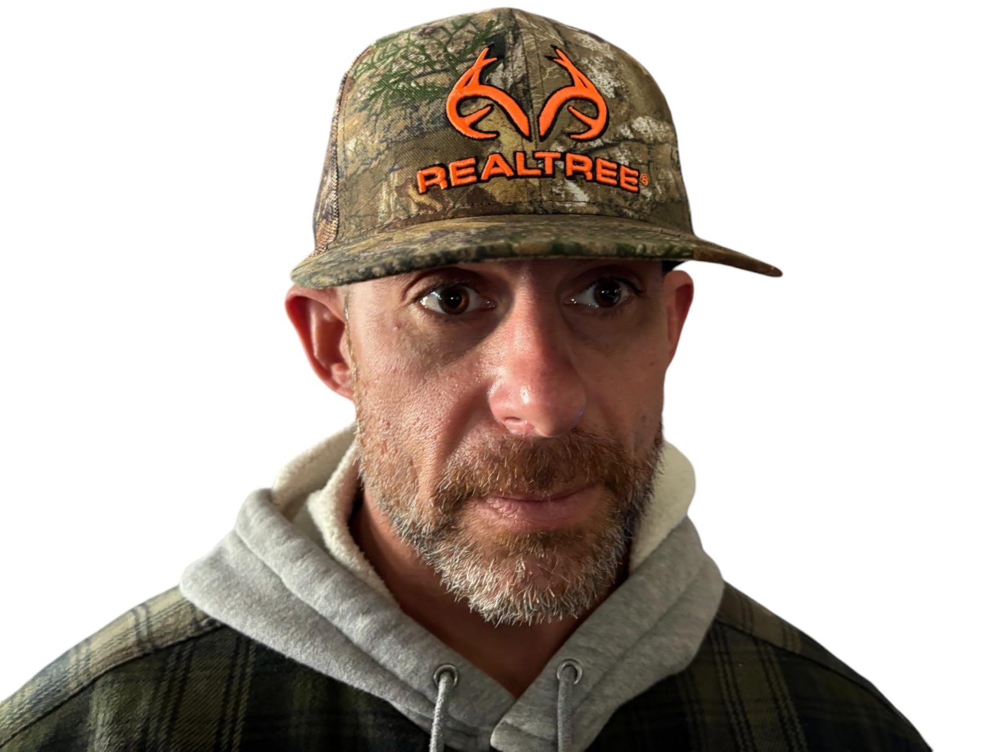 Realtree Men's Orange Edge Blaze Antler Logo Trucker Cap Hat Mid Profile Structured Camo Mesh Snap Back Wicking Sweatband Cap Hat For