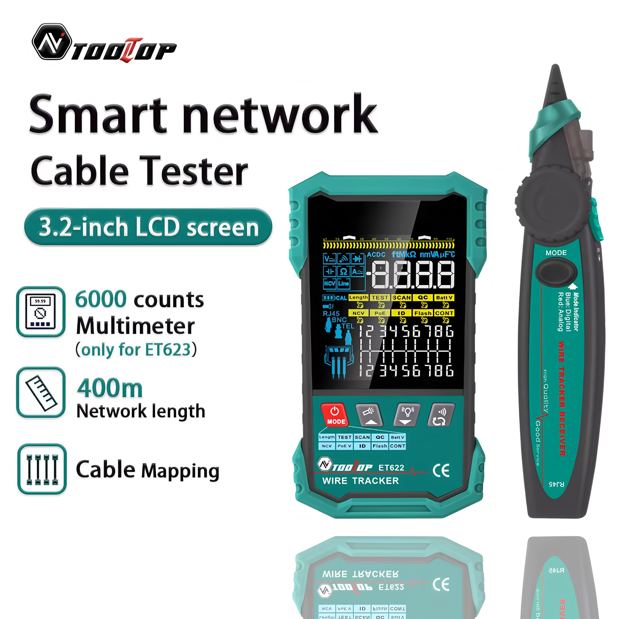 3.2-Inch Multifunctional 400M Network Cable Tester POE Test LAN Cable Mapping Multimeter NCV Telephone Line Tracker Tool(ET622 Without Multimeter function)