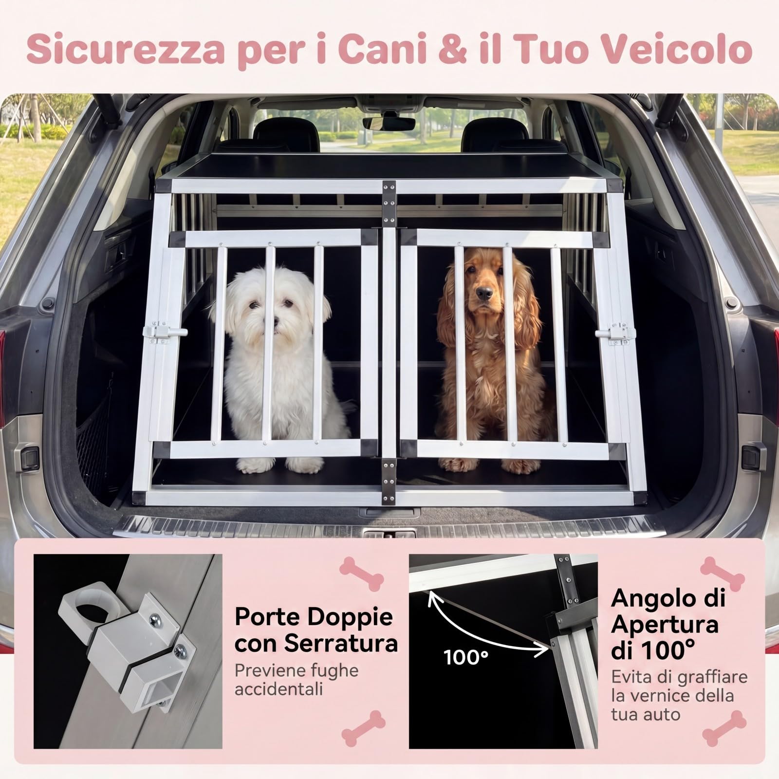 GYMAX Trasportino per Cani Auto, Gabbia per Cani in Lega di Alluminio Con 2 Divisori Rimovibili e Doppie Porte con Serratura, Angolo Apertura di 100°, per Viaggio Veterinario 89 x 69 x 50,5 cm