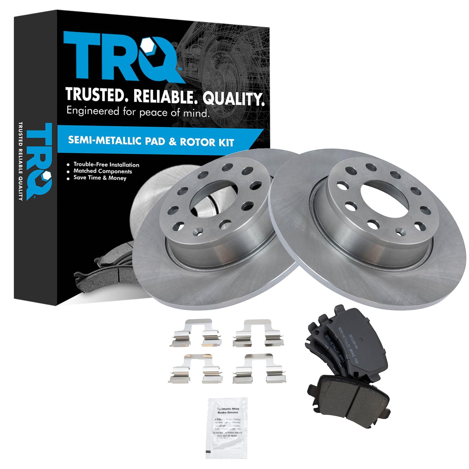 TRQ Rear Brake Pad and Rotor Set Semi Metallic Compatible with 2010 Volkswagen Golf 2011 2017 GTI