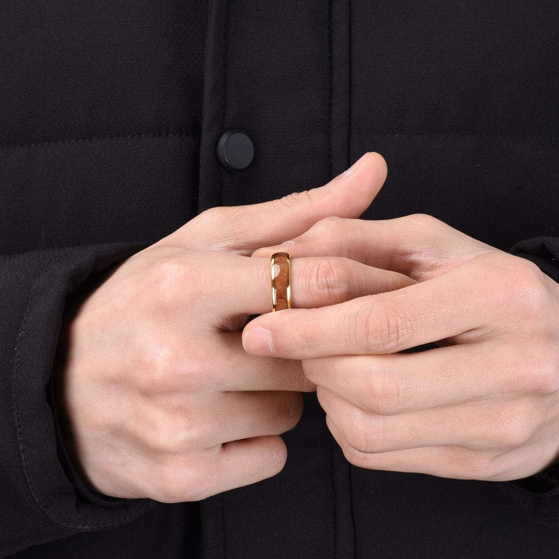 THREE KEYS JEWELRY 4mm 6mm 8mm Black Tungsten Wedding Ring Domed with Real Koa Wood Inlay