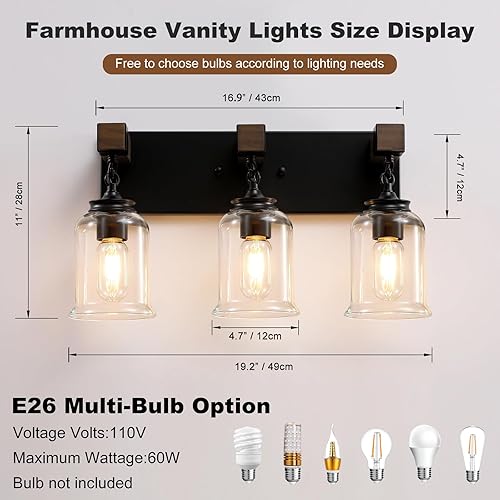 Miniatura 4 de Lámpara de baño de granja, 3 luces, color negro mate, estilo industrial con pantallas de vidrio transparente, accesorios de iluminación sobre espejo