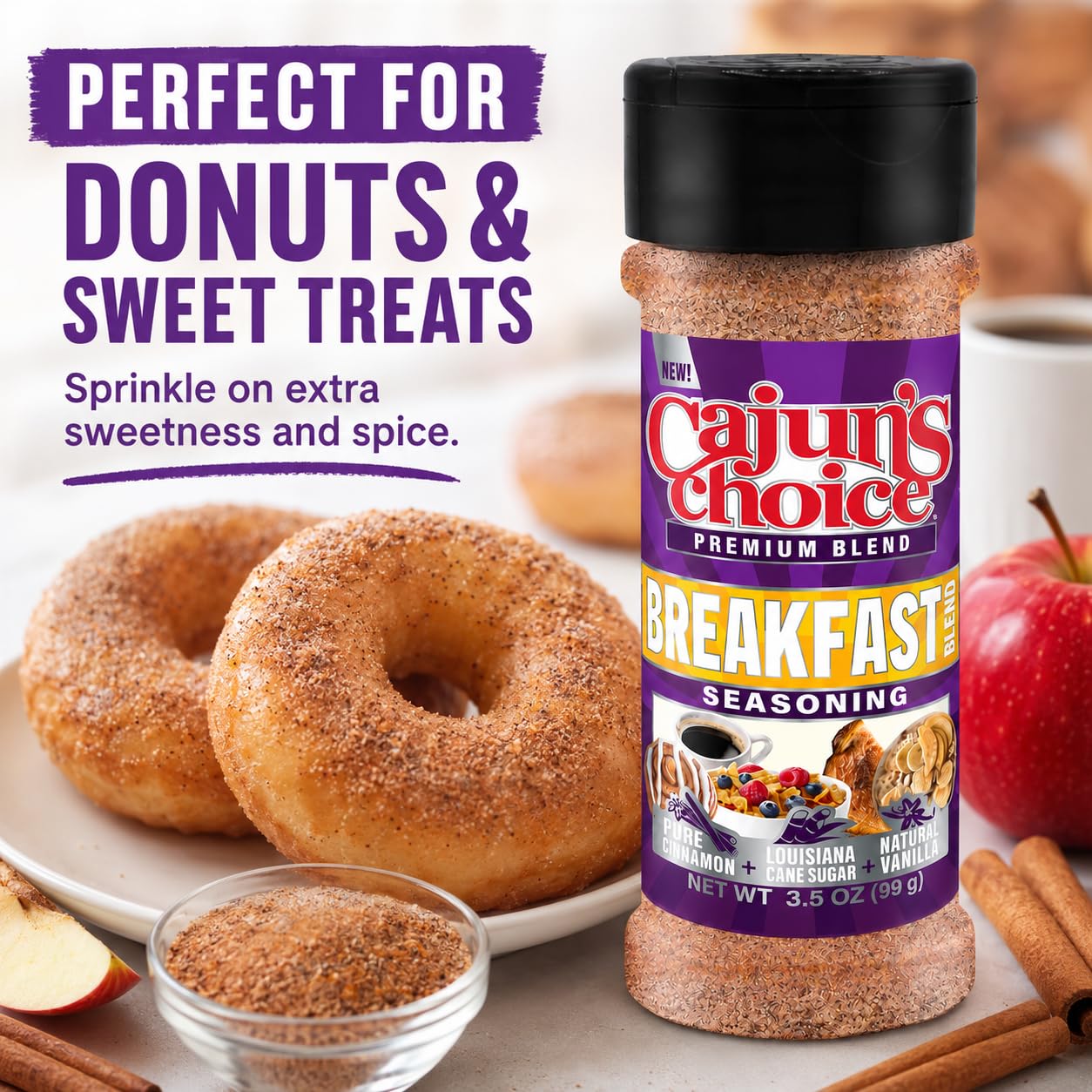 Cajun's Choice Breakfast Blend Seasoning 3.5 oz (Pack of 3) - Sweet Cinnamon Sugar and Vanilla Topping with Louisiana Cane Sugar for Coffee, Pancakes, Waffles, Oatmeal, Fruit and Desserts