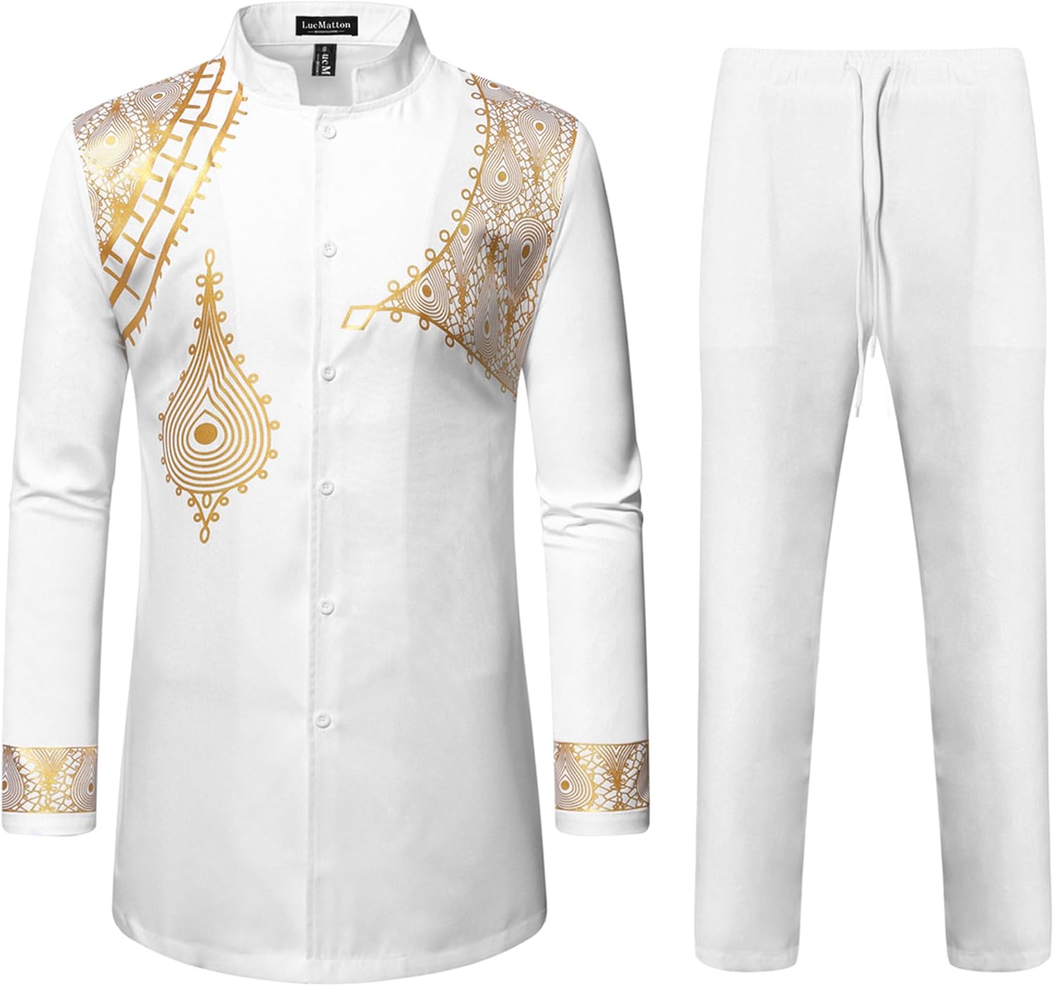 LucMatton Men's 2 Piece Outfits Long Sleeve Button Down African Dashiki Shirts and Pants Set Traditional Ethnic Suits