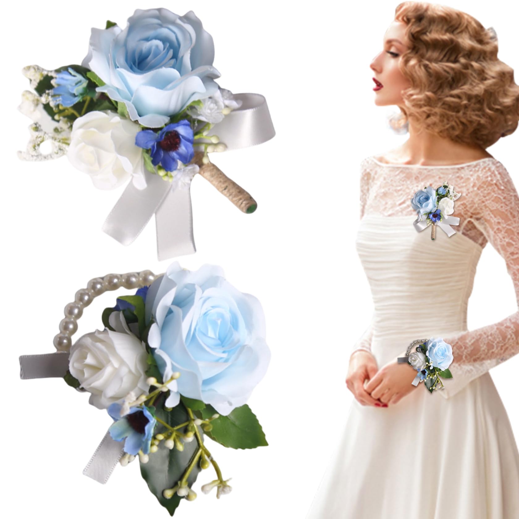 Hbbgdiy 2PCS Artificial Blue Rose Corsage and Boutonniere Set, Elegant Wristlet and Boutonniere Flower for Wedding, Prom, Party, Formal Event Decorations