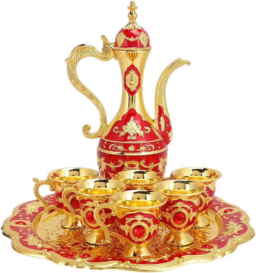 Moroccan Engraved Teapot Set Vintage Tea Set with Tray (Red)