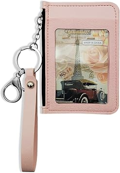 AfitLulu Credit Card Wallet, Wristlet PU Leather Bus Pass Holder for Women with Zipper Coin Purse, Portable Wallet Slim Keyring Wallets with ID Window for LIC (Pink)