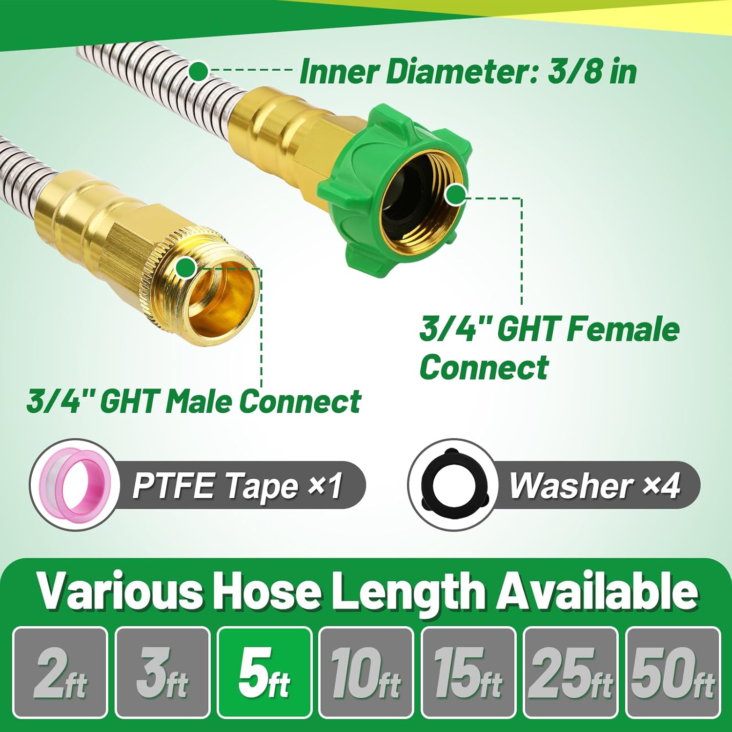 Short Garden Hose with Male to Female Connector - 5ft Metal Leakproof Leader Hose for Reel, Heavy Duty 304 Stainless Steel Flexible Water Pipe for Outdoor Garden Watering Car Pet Cleaning - Image 4