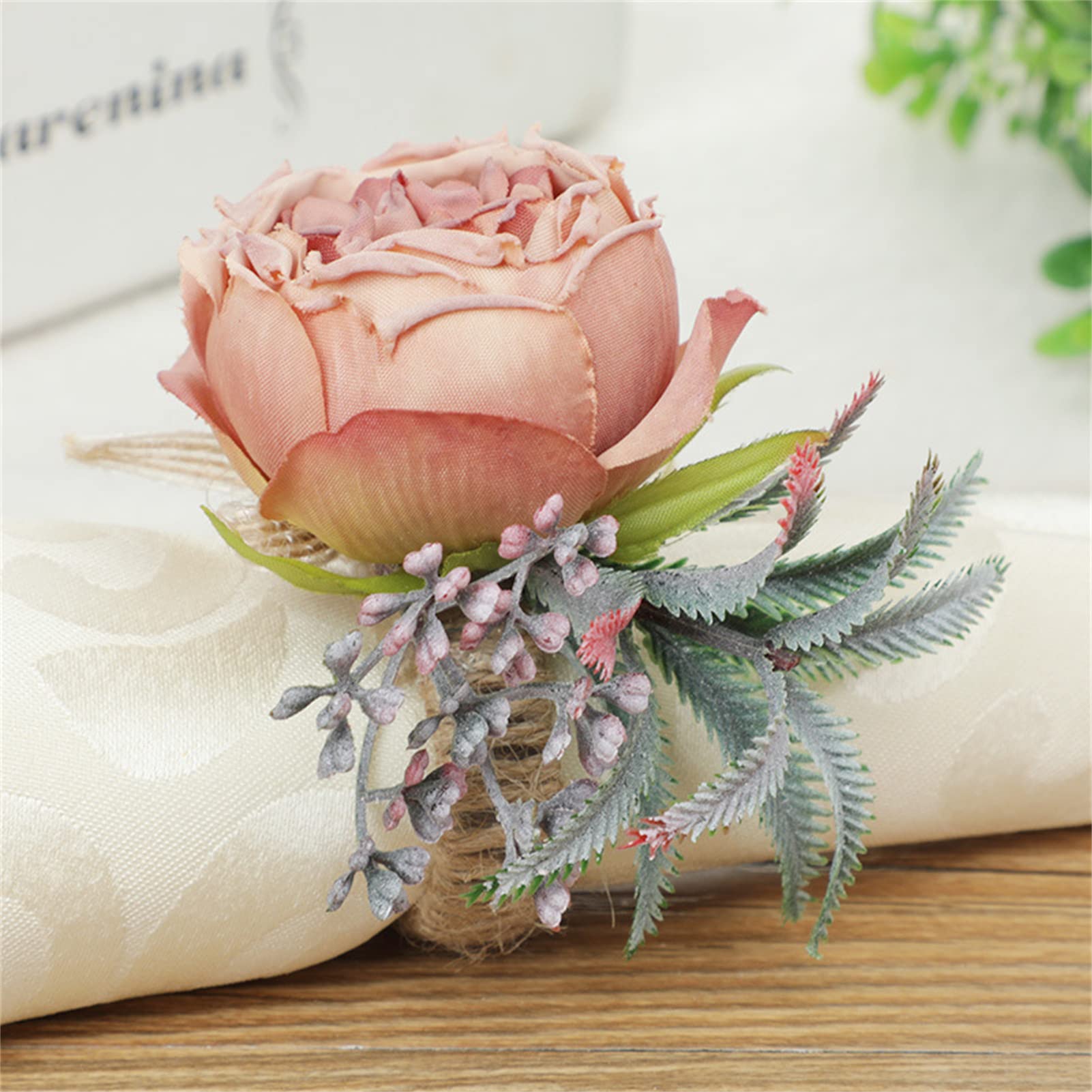 Pearl Napkin Rings Set of 6, Rustic Rose Napkin Rings Flower Dinner Napkin Holder for Table Decoration