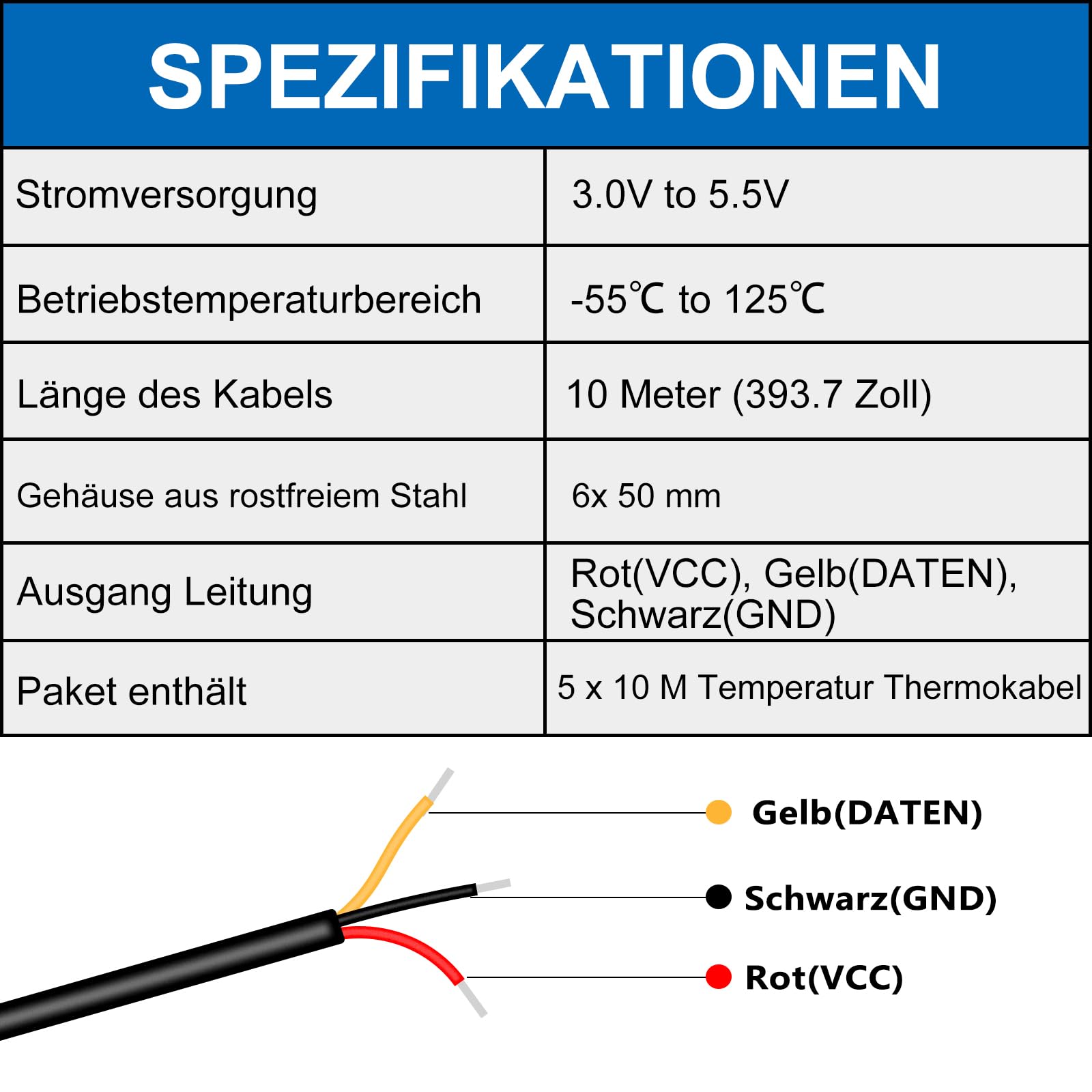 Sensor de temperatura digital de 10 m, precisión ± 0,5 °C, sonda de acero inoxidable, compatible con sensor de temperatura Shelly y addon, Arduino, Raspberry Pi, coche, industria, incluye libro