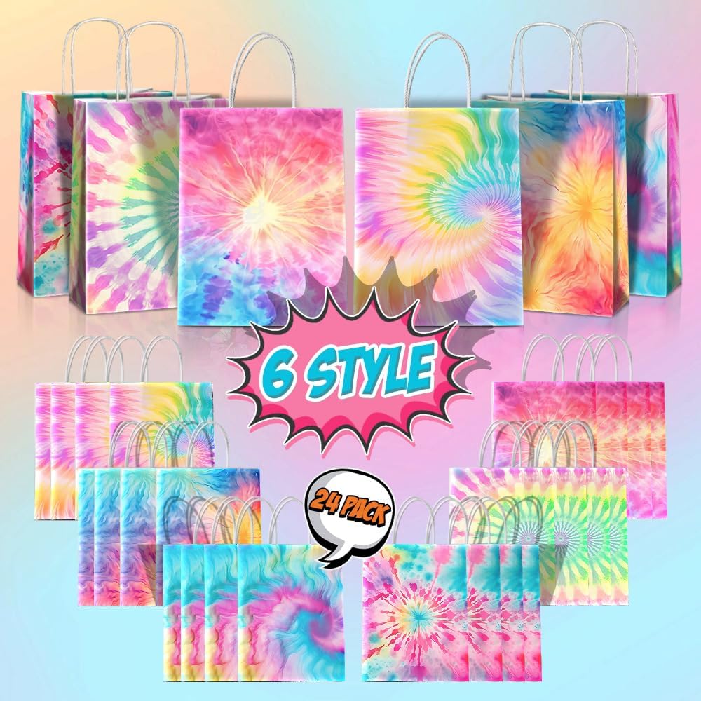JOYGATHER 24 Pcs Tie Dye Party Favors Bags with Handles, Colorful Rainbow Goodie Gift Candy Kraft Paper Bags with 6 Different Types for Kids Adult Birthday Baby Shower Party Supplies Decorations - Image 3