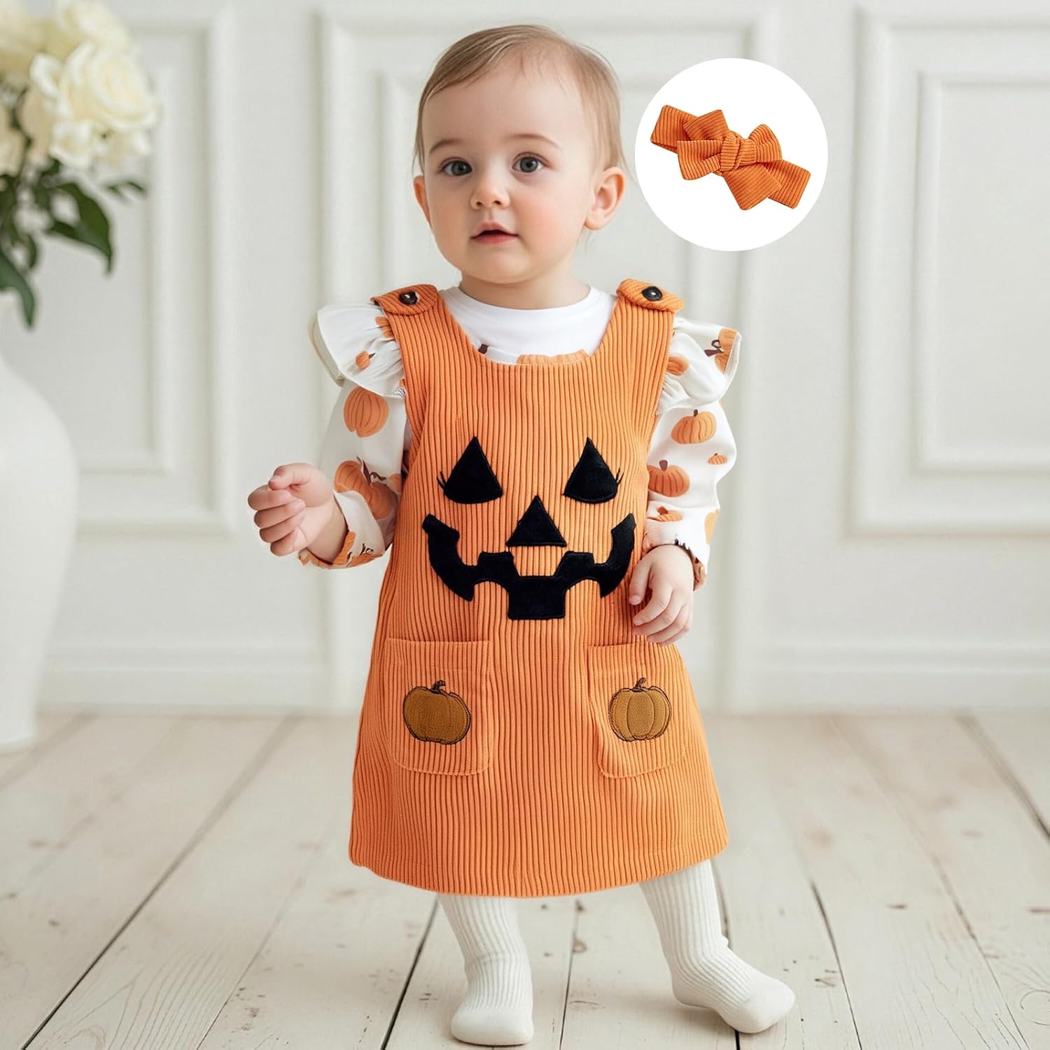 Adobabirl My First Halloween Baby Girl Outfit Pumpkin Ruffle Long Sleeve Romper Overall Dress Headband Cute Fall Clothes - Image 3