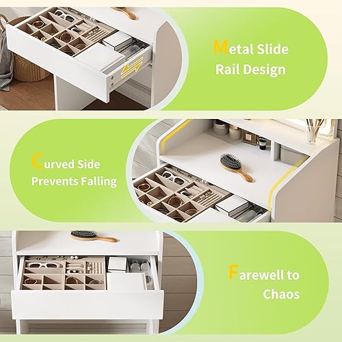 Miniatura 4 de Dowinx Escritorio pequeño de maquillaje con espejo y luces, tocador de maquillaje con cajón y estantes de almacenamiento, escritorio de maquillaje