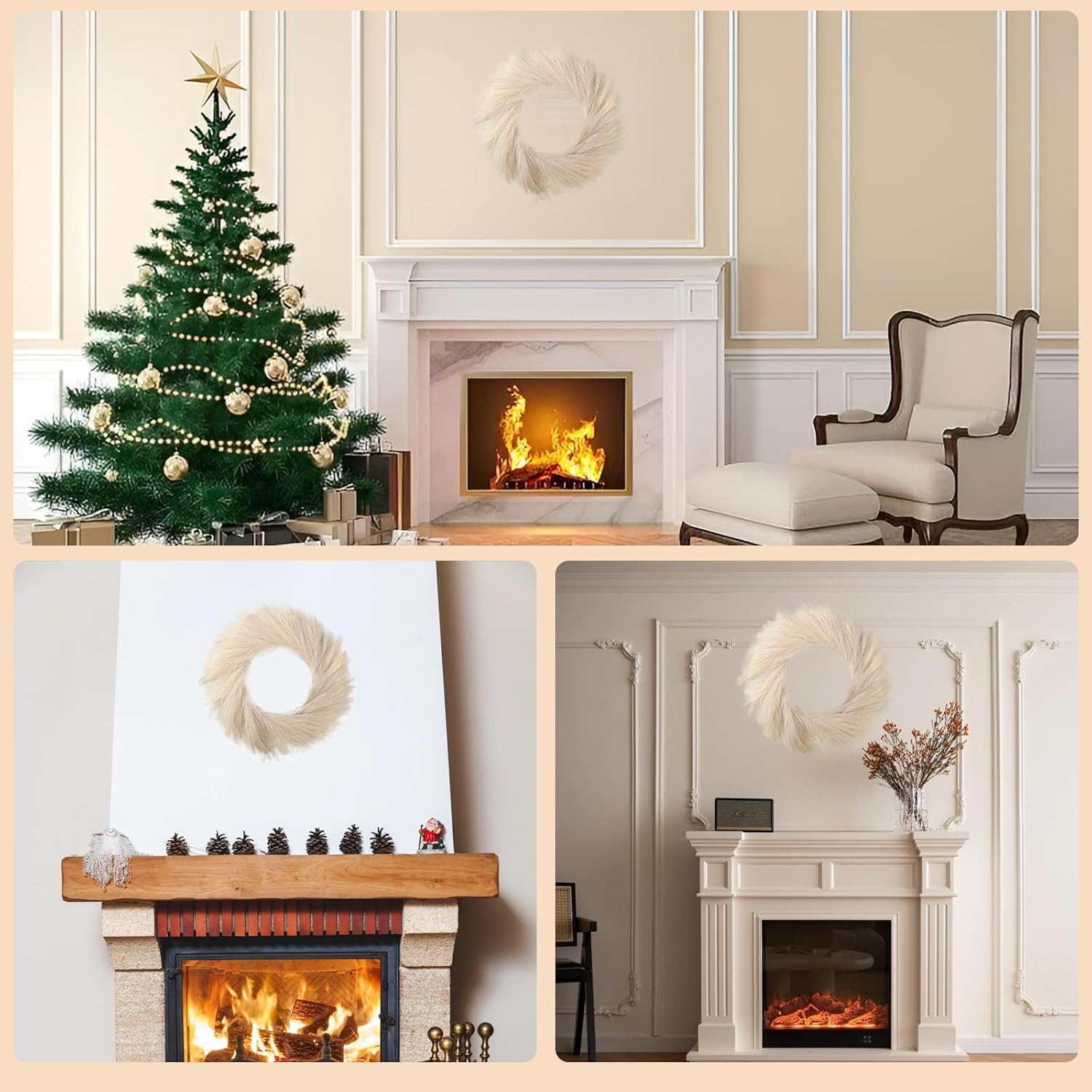 27” Beige Pampas Grass Wreath for All Seasons ,for Front Door, Porch, Window,for DIY Arrangement Farmhouse Beach Boho Table Centerpieces Bathroom Bedroom Decor Fall - Image 2