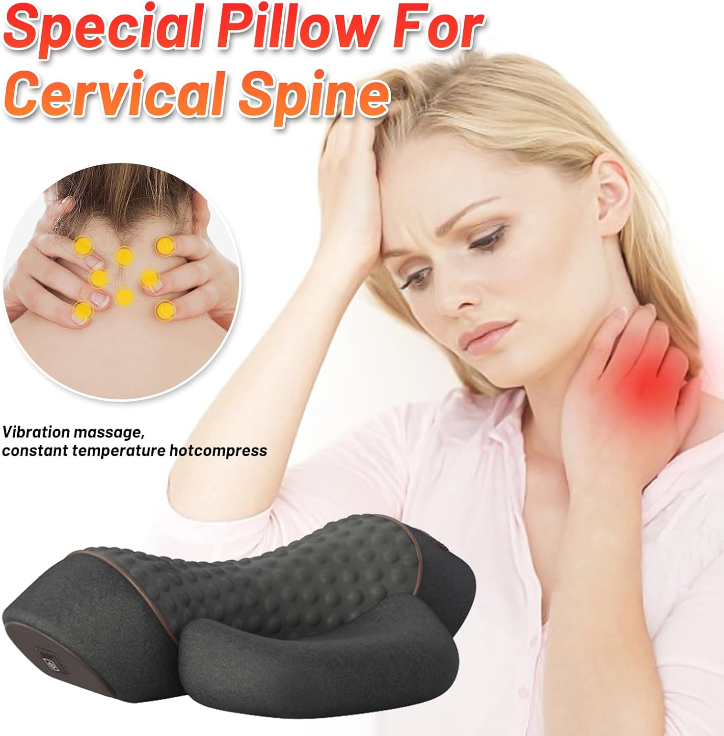 Pillow Traction,New 3-In-1Neck Hump,Heated Massage Neck Pillow Memory Foam,with Rechargeable for Pain Relief