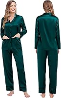 Vista 2 de SWOMOG Conjunto de pijama de seda a juego para parejas, con 2 bolsillos, manga larga, con botones, ropa de dormir