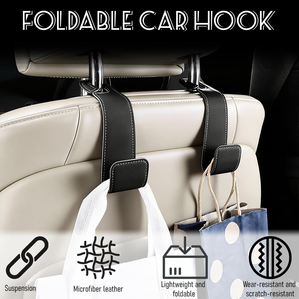 2PCS Car Seat Headrest Hook, Multipurpose Backseat Hanger Holder for Handbag Purse Umbrella, Auto Interior Seat Back Grocery Storage Organizer Hook, Universal for RV Van SUV (Black) image 3