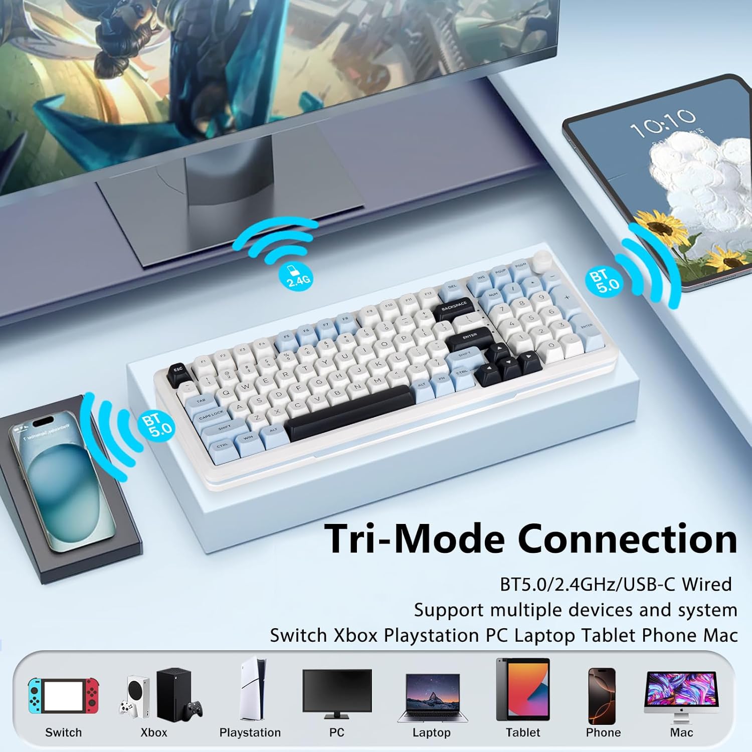 E-YOOSO Wireless Mechanical Keyboard, Creamy Sound, Bluetooth/2.4GHz/USB-C Hot Swappable Custom Gaming Keyboard, Pre-lubed Linear Switches, RGB Backlit, Knob Control for PC/Tablet/PS/Xbox