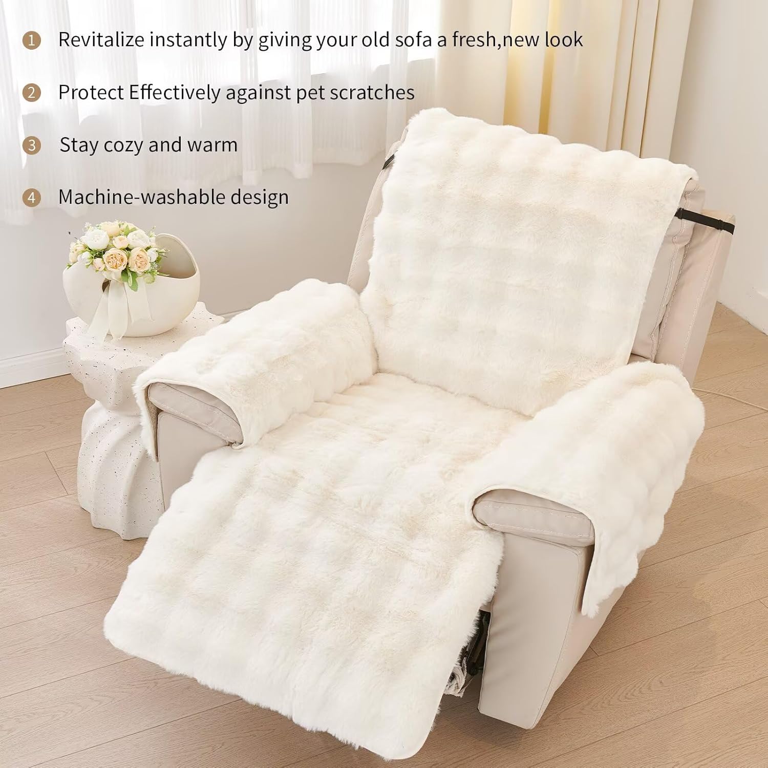 Recliner Chair Covers One Piece Faux Rabbit Fur Fluffy Recliner Slipcovers White Plush Lazy Boy Chair Cover Super Soft Warm Non Slip 23.6 Inches Reclining Sofa Cover with Anti-Slip Straps